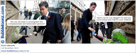 Ed Miliband gives 2p to a beggar